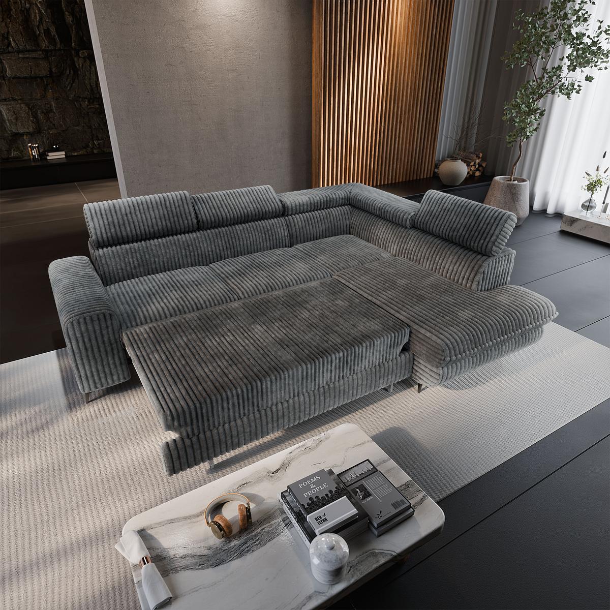 ECKSOFA VELISS Grau Kordstoff mit Schlaffunktion - Grau, Holz (255/193cm) - MASSENO