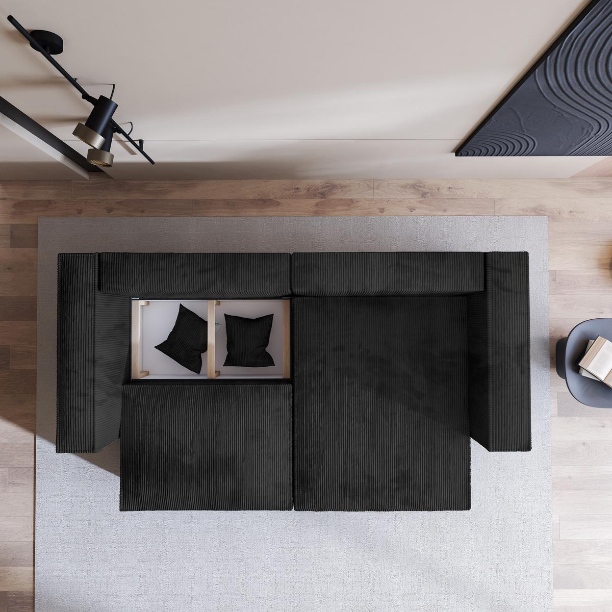 ECKSOFA NERIO P Schwarz Kordstoff mit Schlaffunktion - Schwarz/Grau, Holz/Kunststoff (245/148cm) - MASSENO