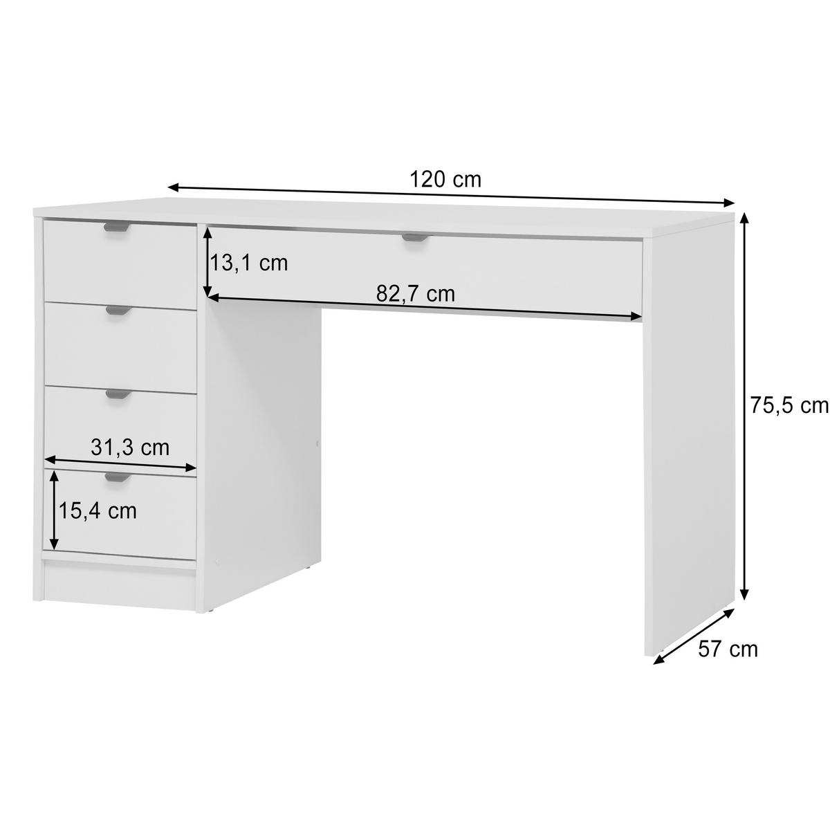SCHREIBTISCH Malta mit 5 Schubladen, mit Griffen, Weiß - Schwarz/Weiß, Holzwerkstoff/Metall (57/120/75.5cm) - Beautysofa