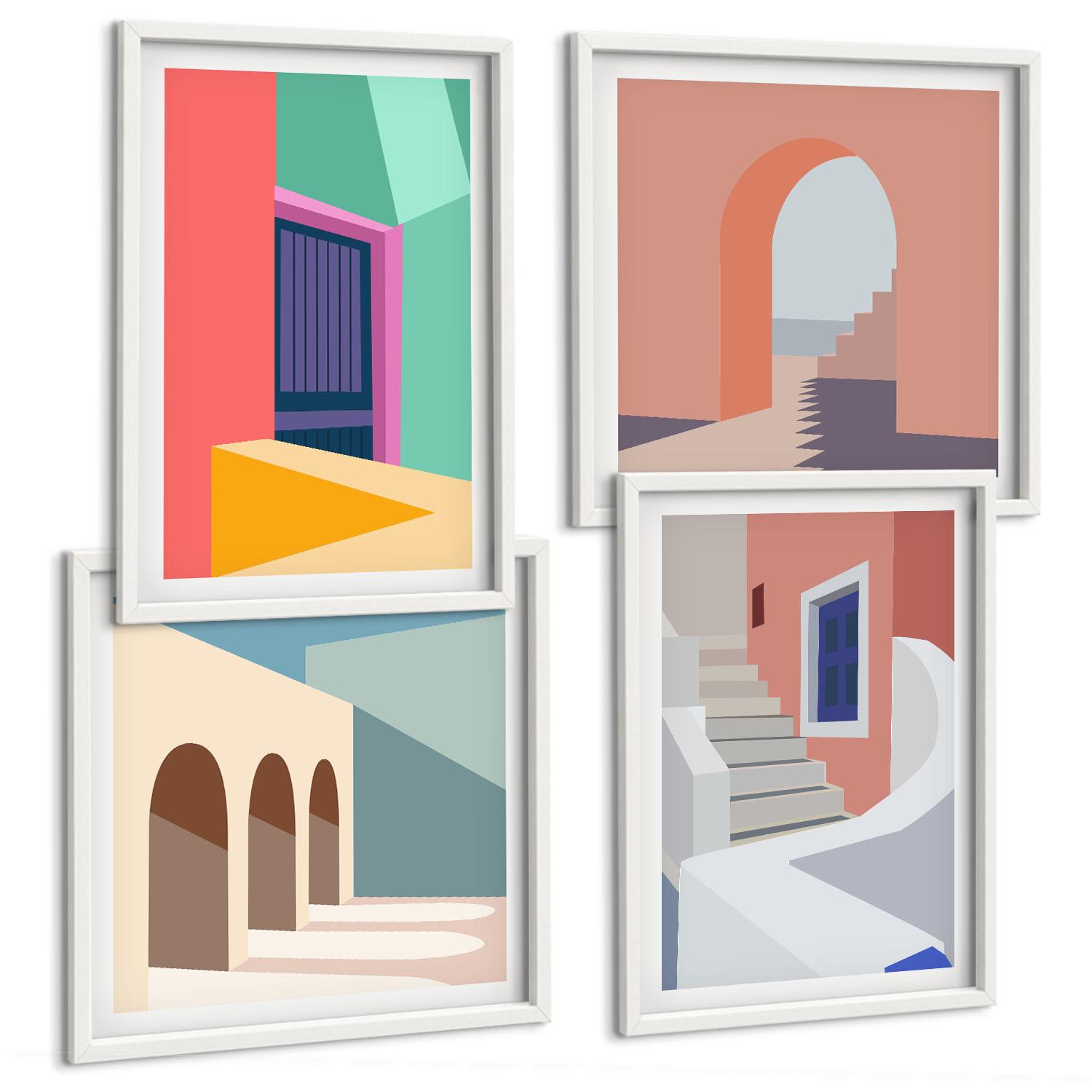 BILDER SET 4er Set - 50x50 cm & 40x60 cm Weißer Rahmen - Farbenfrohe moderne Gebäude - Weiß, Kunststoff (50/50cm) - TULUP