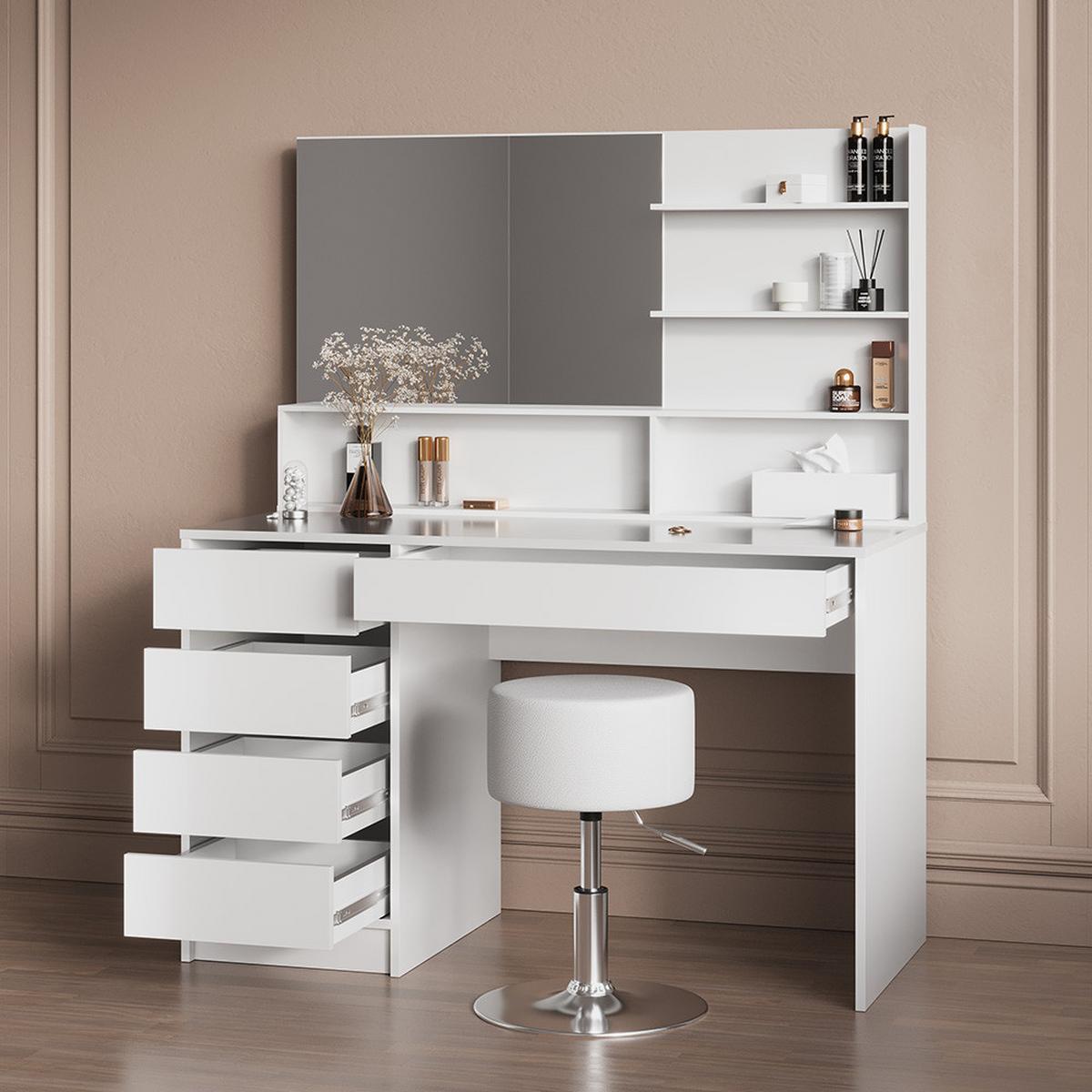 SCHMINKTISCH Imola Weiß 145 cm mit Hocker - Weiß, Holzwerkstoff (145/75/55cm) - Livinity®