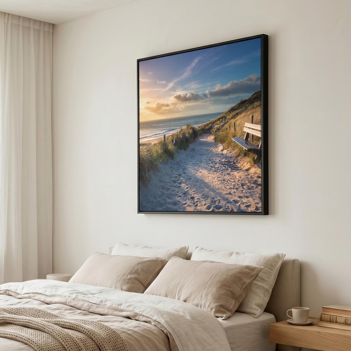 LEINWAND Bilder mit Rahmen - Sonnenuntergang - Strand - Düne - Gras - Ufer - 90x90 - Sandfarben, Textil (90/90cm) - MuchoWow