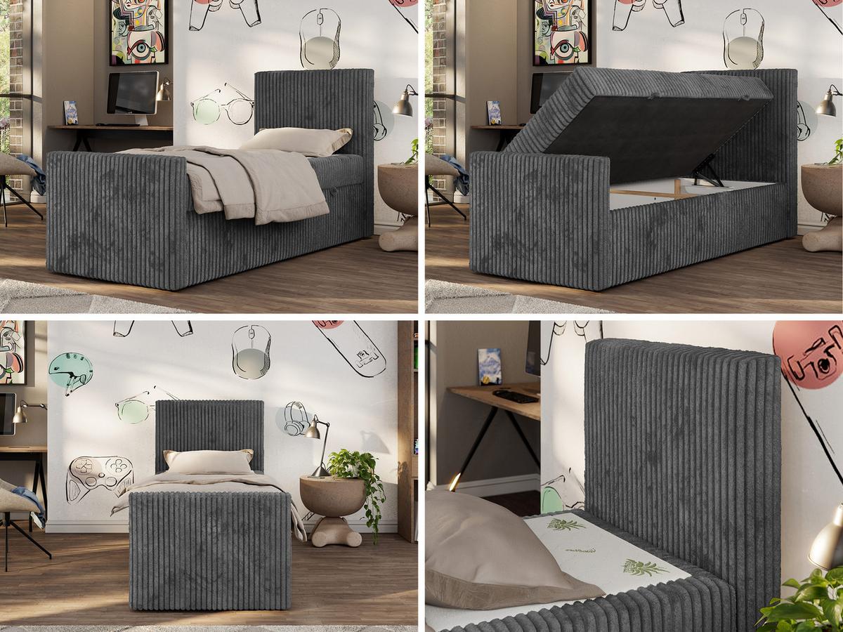 JUGENDBETT TILIO DUO 90/200 - Grau Cord - H4 - Rechts Seite - Grau, Textil (200/90cm) - MKS