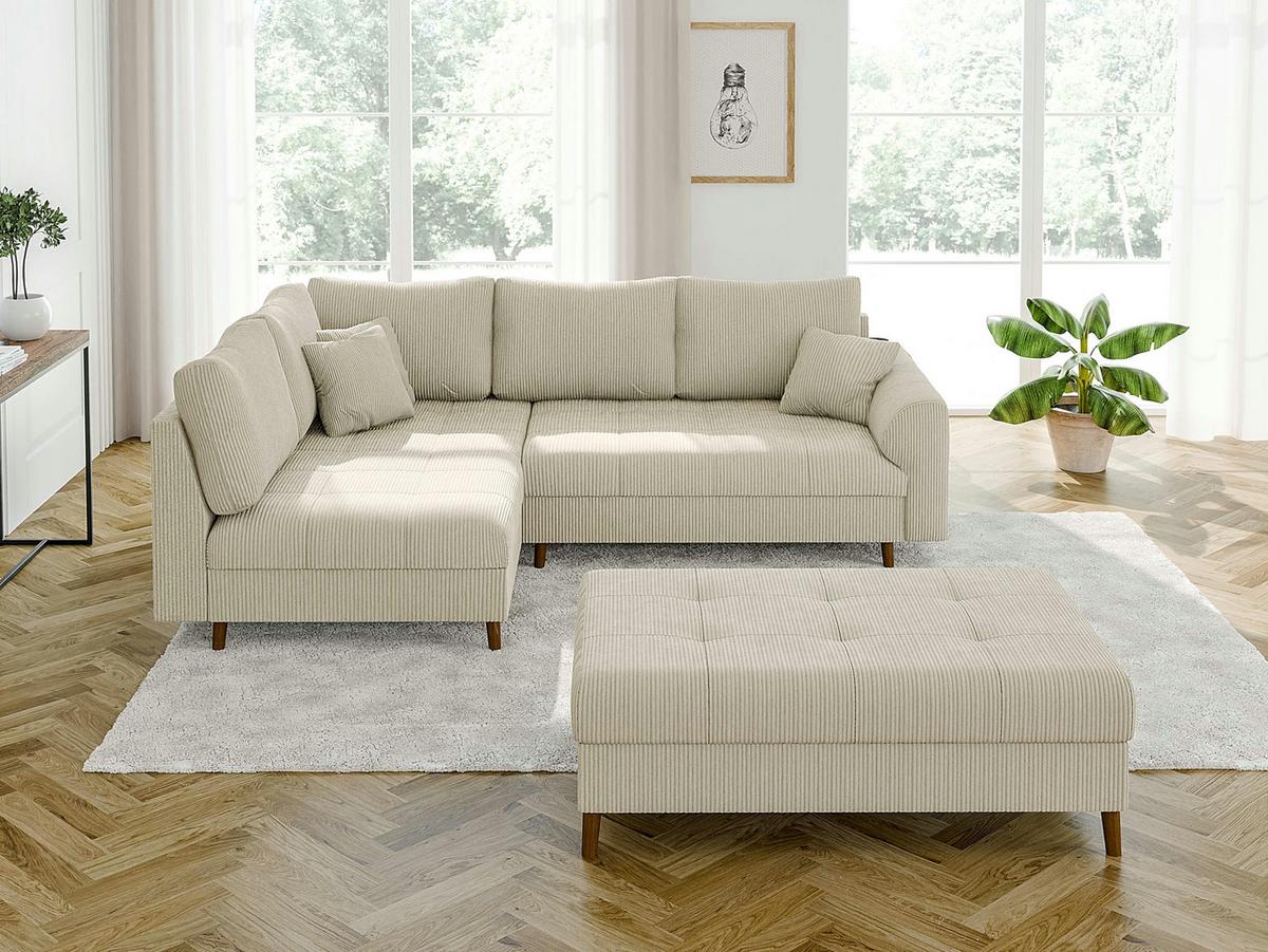 ECKSOFA inkl. Hocker Alma Beige Cord - Ottomane links - Beige/Braun, Holz/Textil (231/161cm) - S-Style Möbel