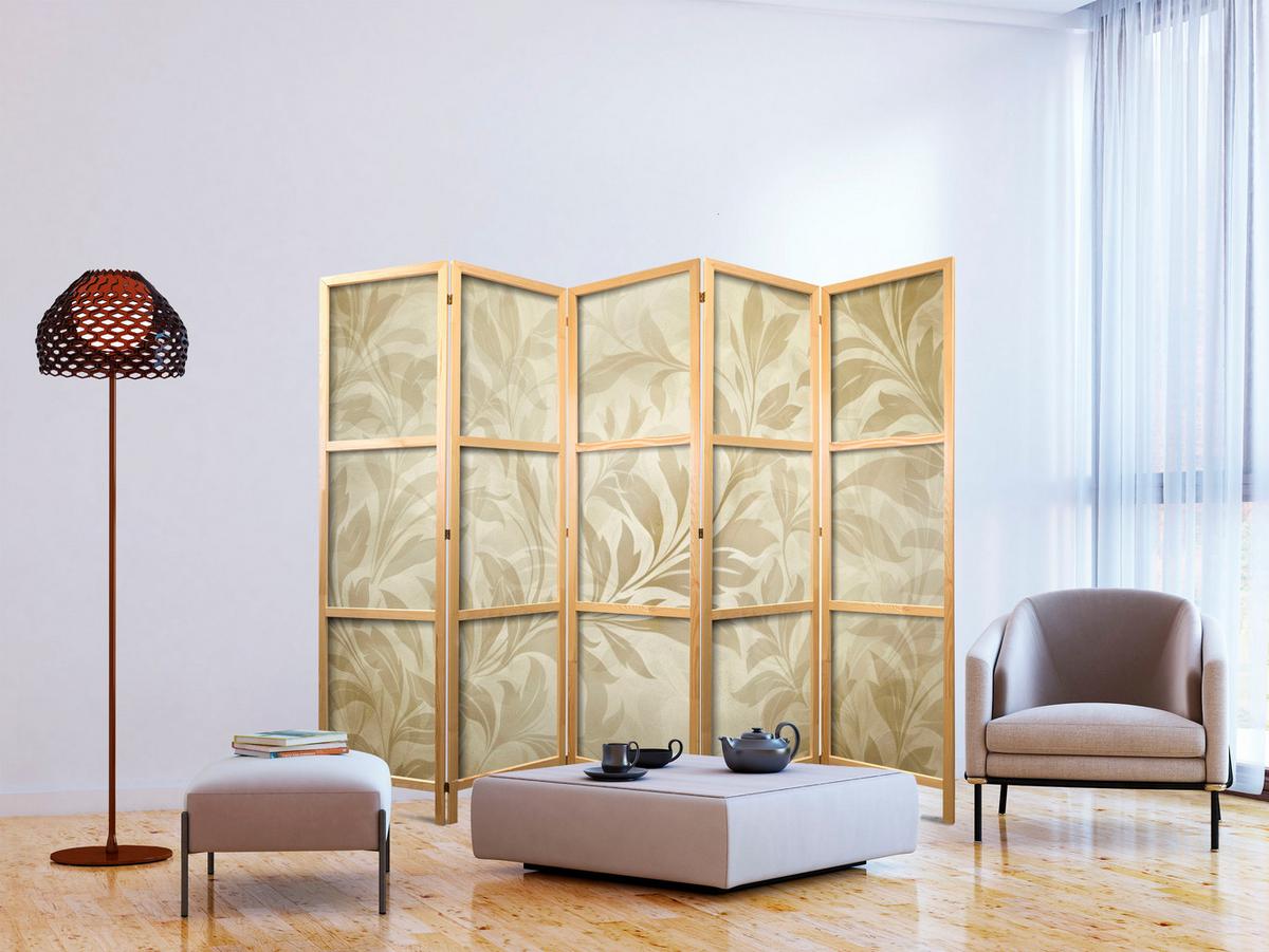 PARAVENT Japanischer 5-tlg 225x172 cm Retro Bl tter - Beige, Holz/Textil (225/172/3cm) - Muralo