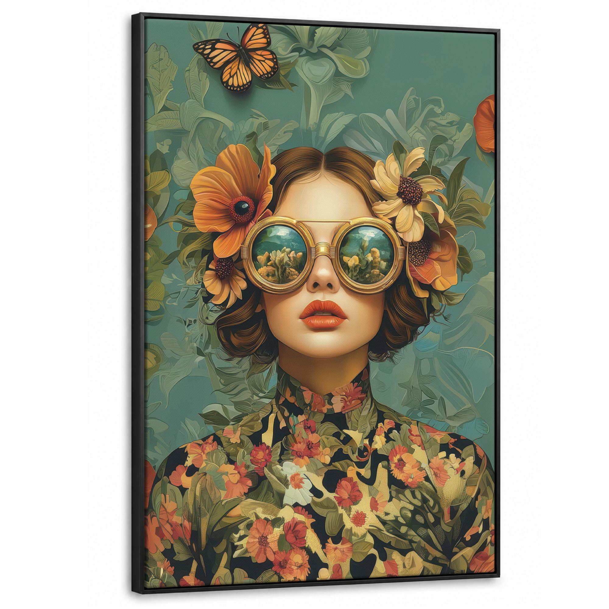 LEINWAND Bilder mit Rahmen - Frau - Blumen - Schmetterlinge - Natur - Vintage - 80x120 - Salbeigrün, Textil (80/120cm) - MuchoWow