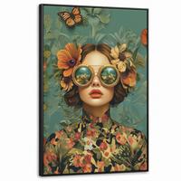 LEINWAND Bilder mit Rahmen - Frau - Blumen - Schmetterlinge - Natur - Vintage - 80x120 - Salbeigrün, Textil (80/120cm) - MuchoWow