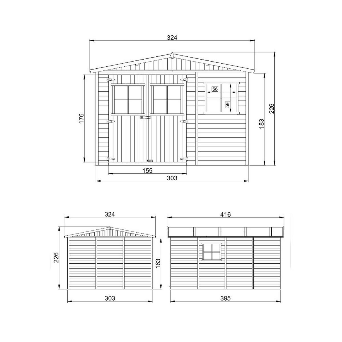 HOLZ-GARTENHAUS MIT IMPRÄGNIERTEM BODEN - H226x418x320 cm/12 m² - M336+336G - Beige, Holz (324/232/395cm) - Timbela