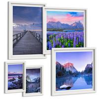 BILDER SET 5er Set - 50x50 cm & 20x30 cm & 40x60 cm Weißer Rahmen - Berglandschaften, Wasser, Blumenfeld - Weiß, Kunststoff (40/60cm) - TULUP
