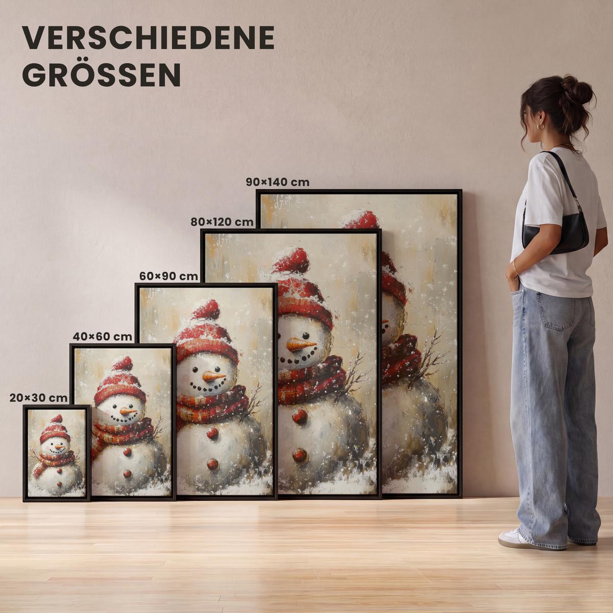 LEINWAND Bilder mit Rahmen - Schneemann - Winter - Schnee - Beige - 80x120 - Weiß, Textil (80/120cm) - MuchoWow