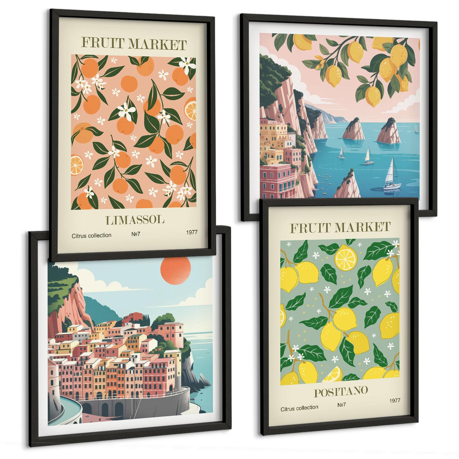 BILDER SET 4er Set - 50x50 cm & 40x60 cm Schwarzer Rahmen - Zitrusfrüchte der italienischen Tropen - Schwarz, Kunststoff (50/50cm) - TULUP