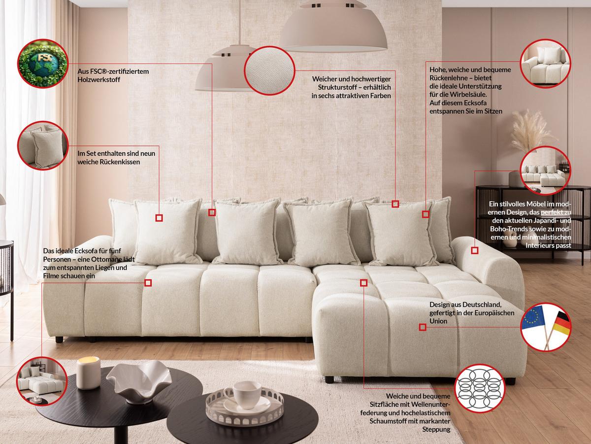 ECKSOFA Bubble mit losen Rückenkissen und Sitzfläche in Bubble-Optik aus weichem Hellbeige Strukturstoff mit schöner Sitzkomfort - Ottomane rechts - Beige/Schwarz, Holz/Kunststoff (306/180cm) - S-Style Möbel