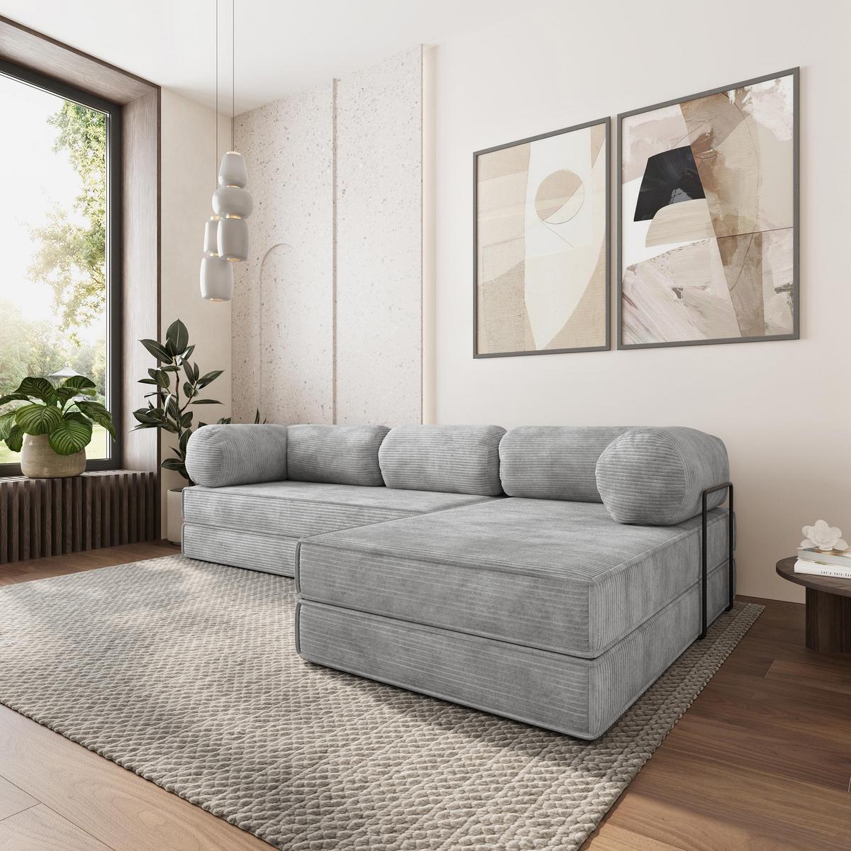 ECKSOFA ETERA modulares Boneless Sofa mit Schlaffunktion Hellgrau Kordstoff - Hellgrau, Textil (270/160cm) - MASSENO