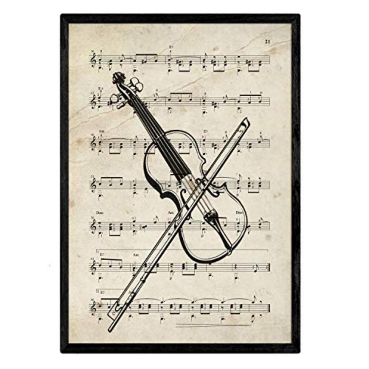 POSTER Set mit 4 Instrumente mit Noten Klavier, Geige, Cello, Akkordeon A4 Schwarzer Rahmen - Schwarz, Papier (29.7/3cm) - Nacnic