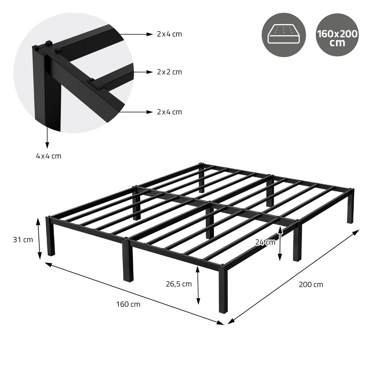 METALLBETT 160x200 cm mit Lattenrost Schwarz auf Stahlrahmen - Schwarz, Metall (160/200cm) - ML-DESIGN