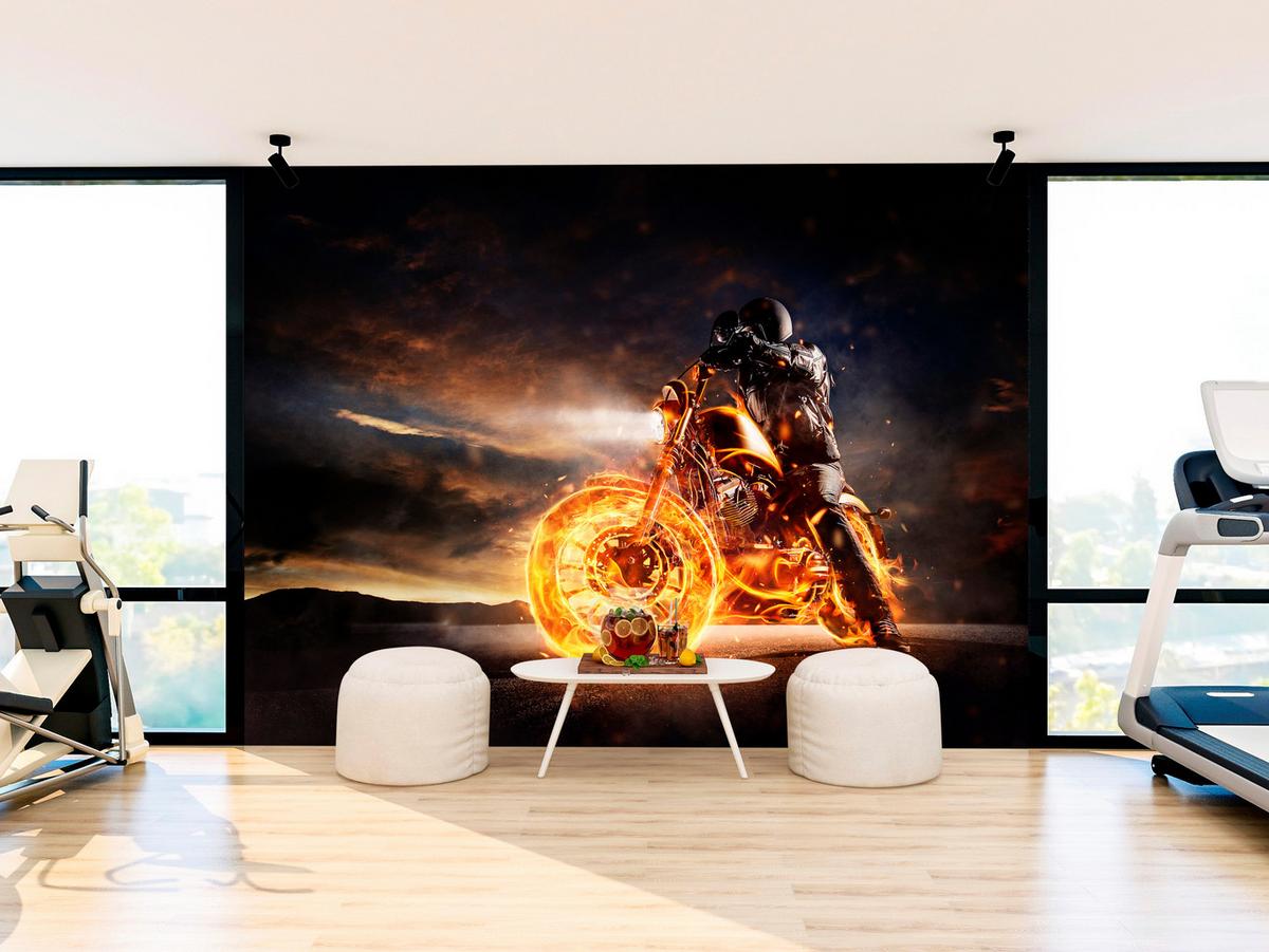 FOTOTAPETE für Jugendzimmer Mann Brennenden Motorrad Sport Nacht 150x105 - Schwarz/Orange, Papier (150/105cm) - Muralo