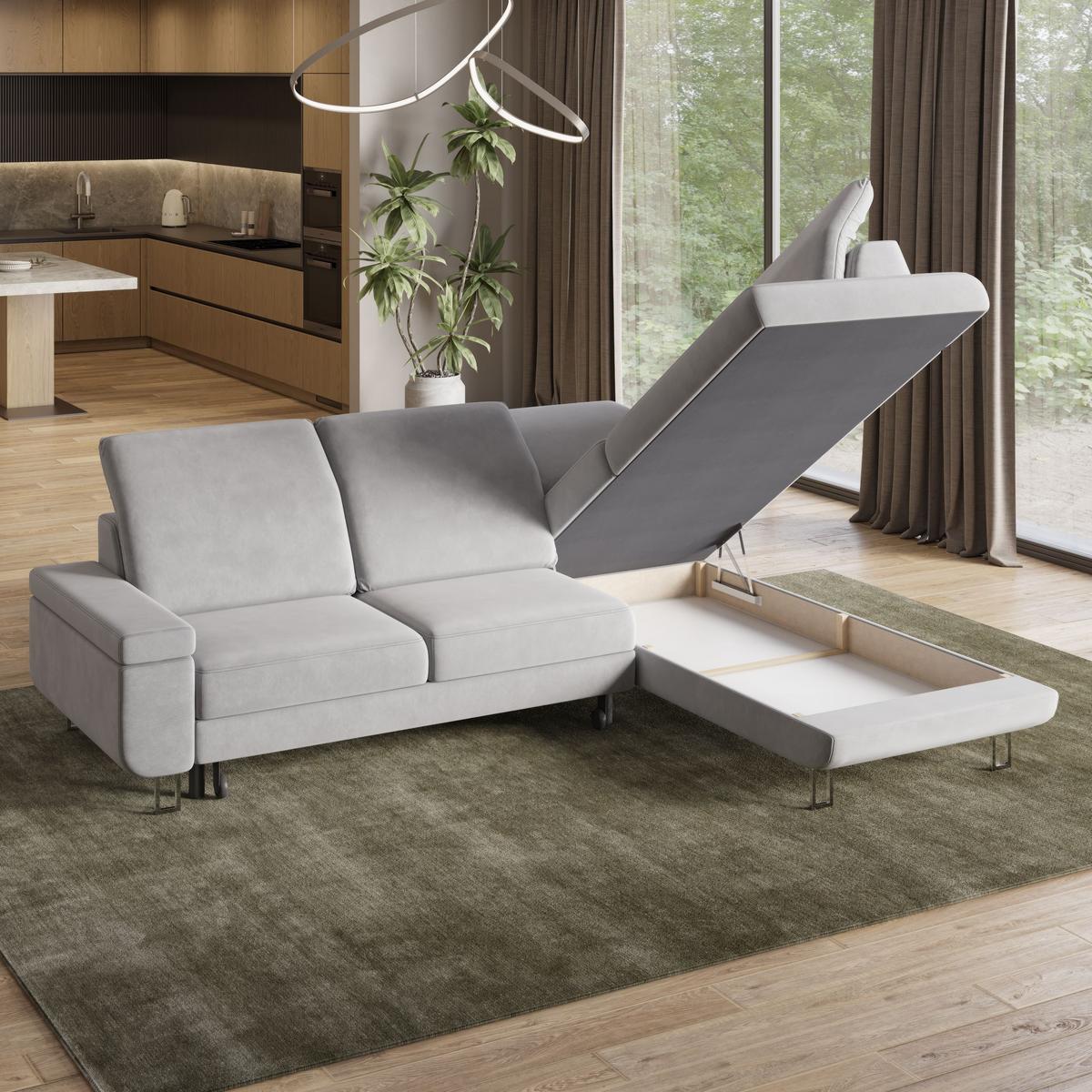 ECKSOFA LERMA R-S Beige Velours-Stoff mit Schlaffunktion - Beige/Silberfarben, Holz/Textil (253/190cm) - MASSENO