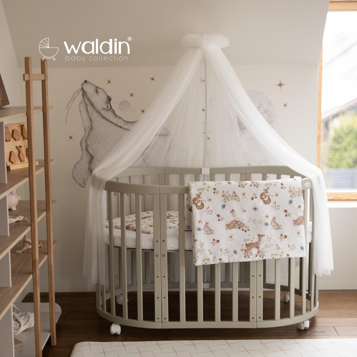 BABYBETT OLIVE OVAL 7in1 mit Matratze und Himmelset - Multicolor/Olivgrün, Holz/Textil (73/125cm) - waldin