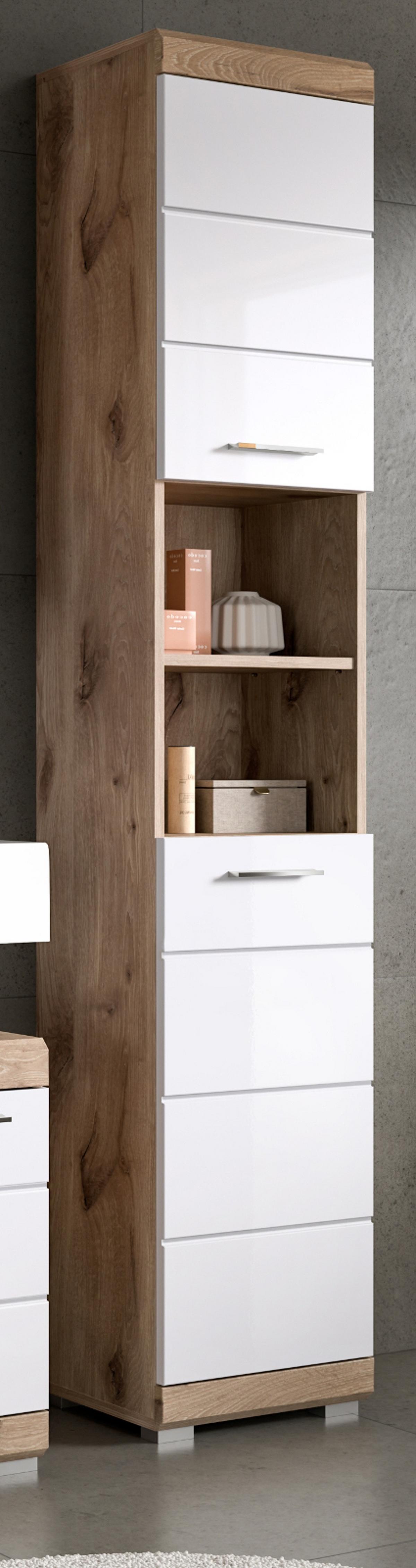HOCHSCHRANK weiß Hochglanz, Eiche 37 x 191 cm, Badschrank mit 6 Fächern - Chromfarben/Weiß Hochglanz, Holzwerkstoff/Kunststoff (37/191/31cm) - Inn.Furn