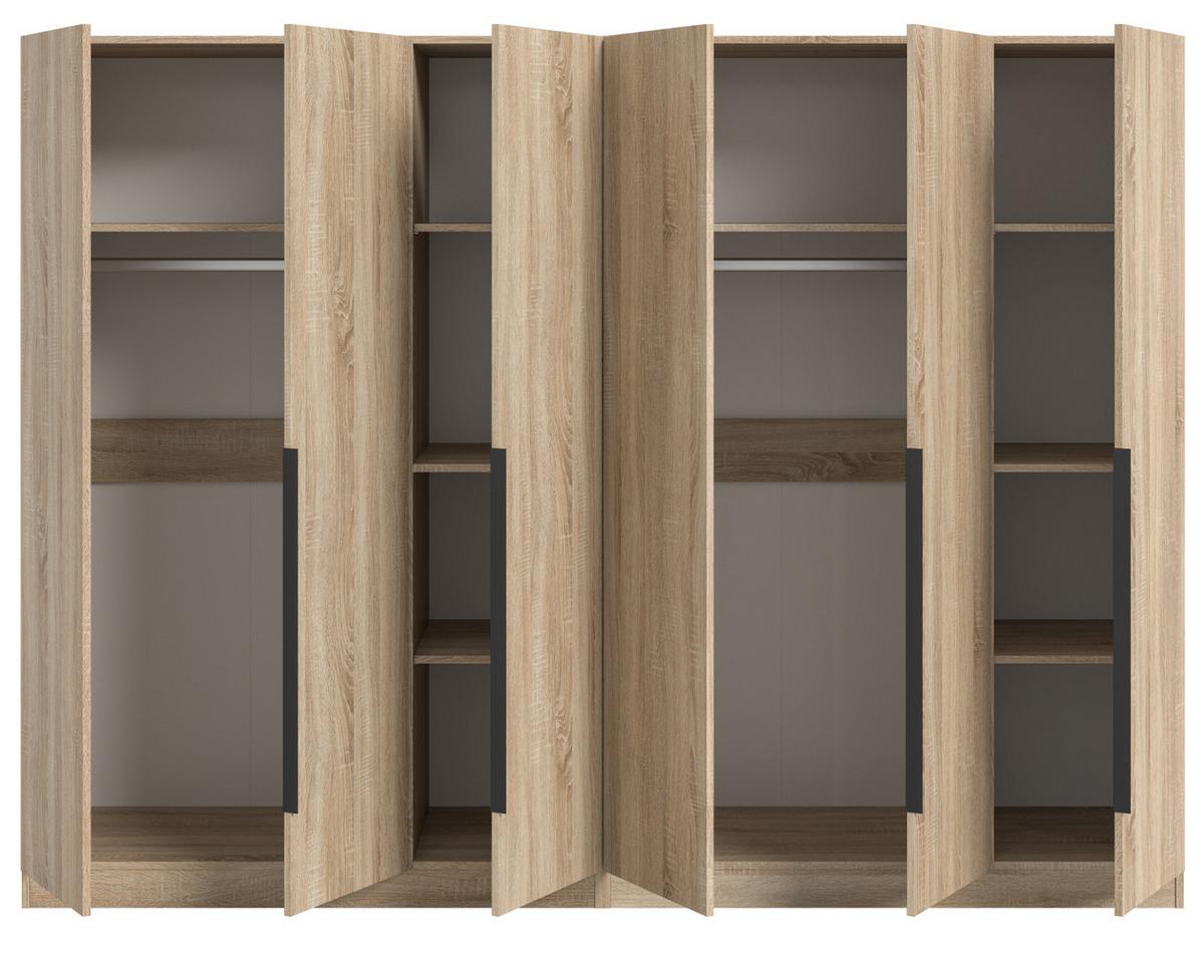 KLEIDERSCHRANK Eiche Sonoma 6-türig 240 x 181 cm, Drehtürenschrank mit zusätzlichen Einlegeböden - Eichefarben/Schwarz, Holzwerkstoff/Kunststoff (240/181/52cm) - Inn.Furn