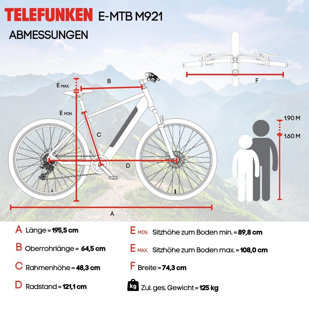 E-BIKE Mountainbike Aufsteiger M921 | Für Damen u. Herren | 468 Wh | Heckmotor | 7-Gang-Kettenschaltung | 29 Zoll - Grau, Metall (114.6cm) - Telefunken