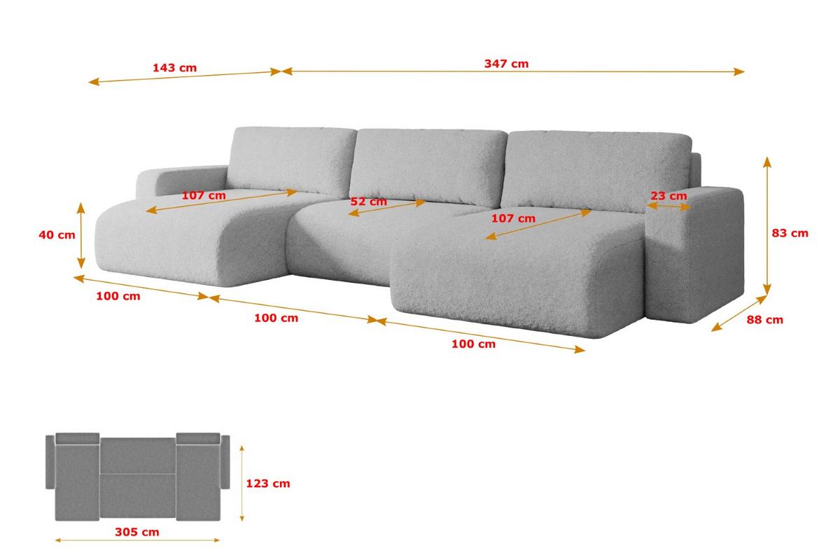 WOHNLANDSCHAFT mit Schlaffunktion und Bettkasten KLEEA-U - 347x143x83 cm Hellgrau Bouclé - Hellgrau/Schwarz, Holzwerkstoff/Kunststoff (347/83/143cm) - ALTDECOR