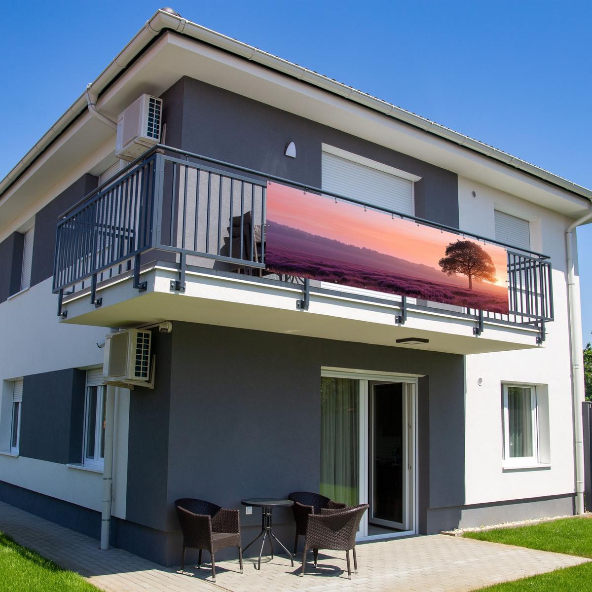 BALKON-SICHTSCHUTZ Baum - Heidekraut - Sonnenaufgang Windschutz 300x90 cm - Flieder, Kunststoff (300/90cm) - MuchoWow