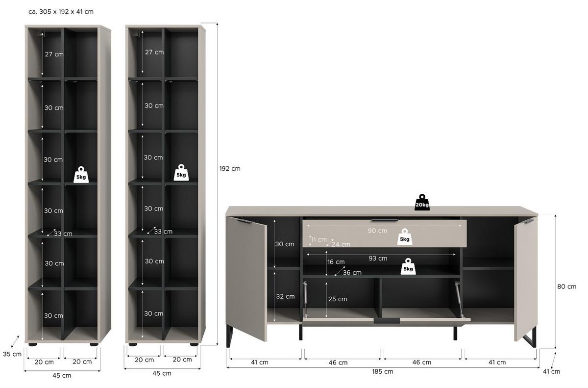 WOHNWAND kaschmir, schwarz 3-teilig 305 cm, Komplettset mit Soft-Close-Funktion - Kaschmir/Schwarz, Holzwerkstoff/Kunststoff (305/192/41cm) - Inn.Furn