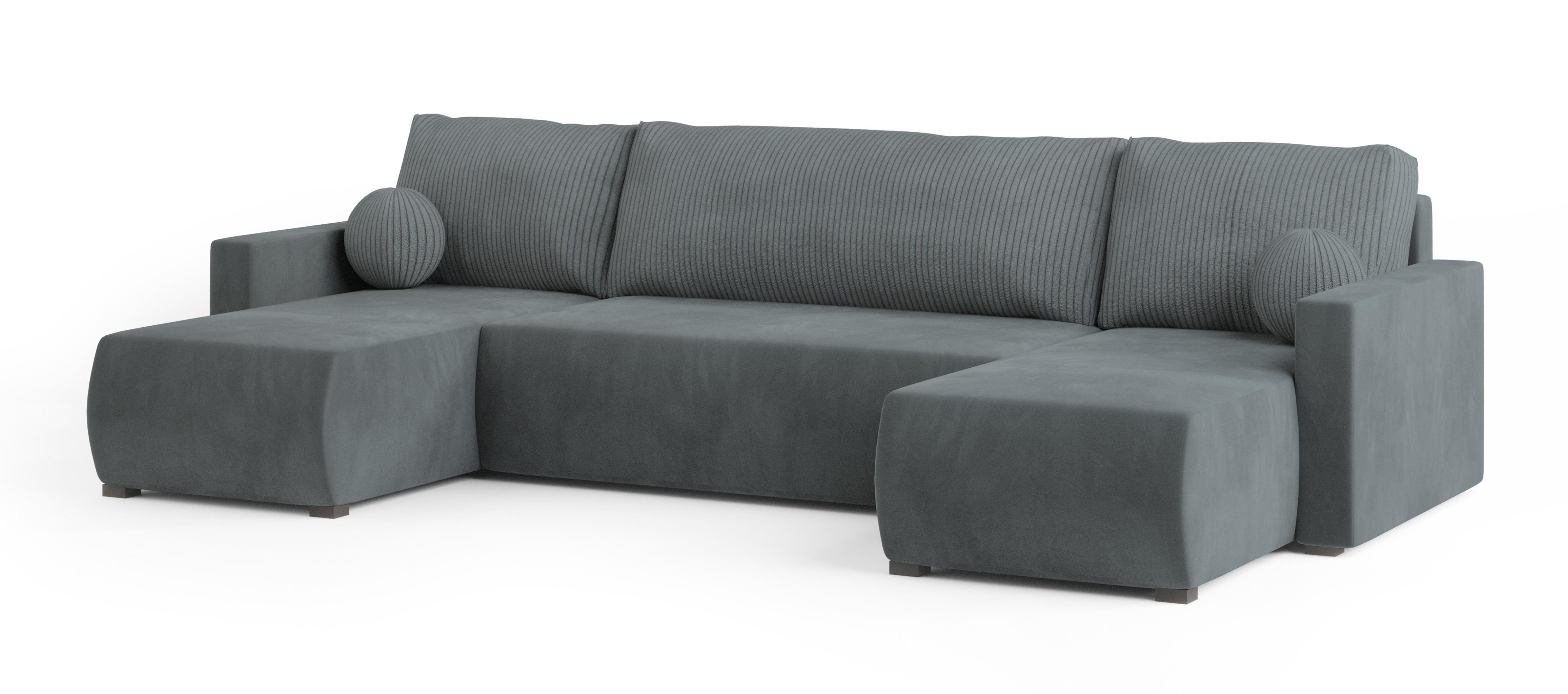WOHNLANDSCHAFT TESSUN Grau Plüsch-Stoff mit Schlaffunktion - Grau, Holz (286/85/143cm) - MASSENO