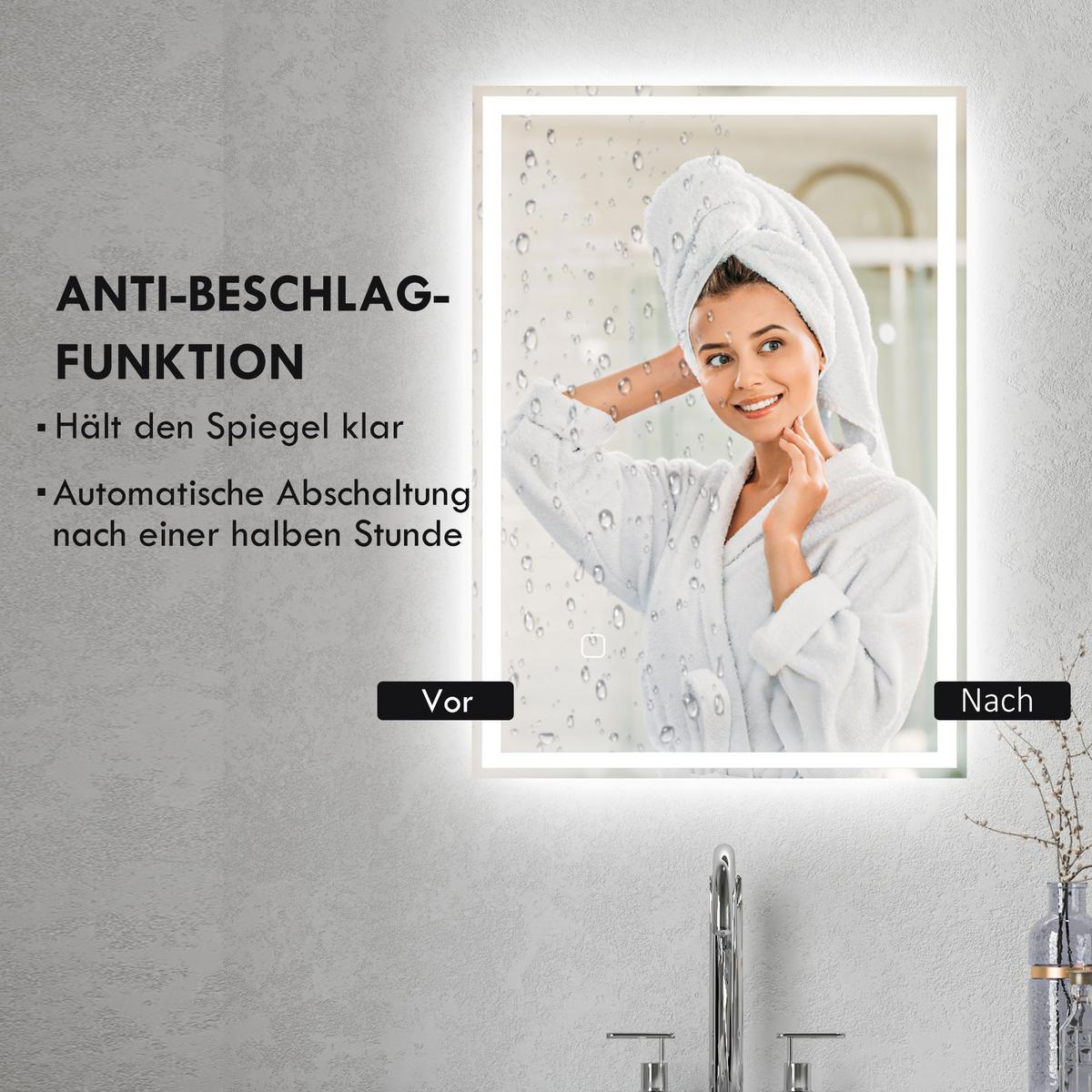 BADSPIEGEL, mit LED-Leuchte, 70 x 50 cm, beschlagfrei, mit Touchschalter, IP44 - Silberfarben, Glas (70/4/50cm) - HOMCOM