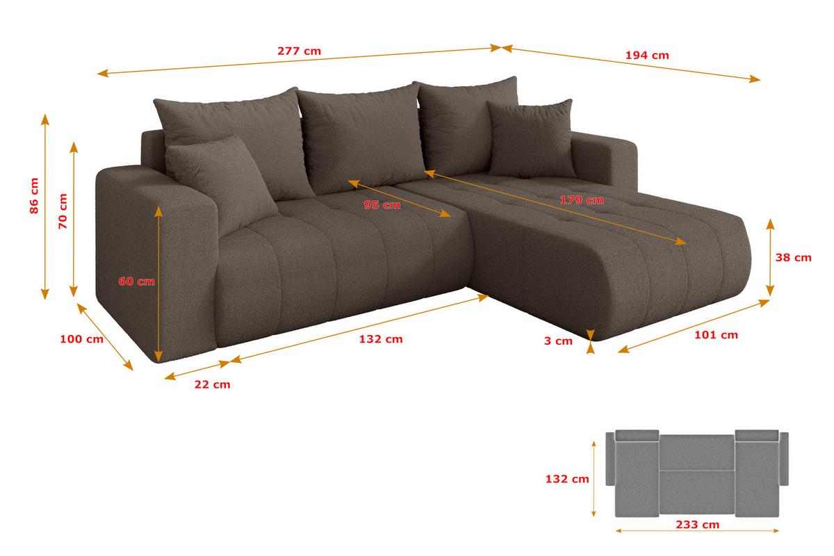 ECKSOFA mit Schlaffunktion Ottomane Rechts MILA-L 277x194x86 Braun Bouclé - Schwarz/Braun, Holzwerkstoff/Kunststoff (277/194cm) - ALTDECOR