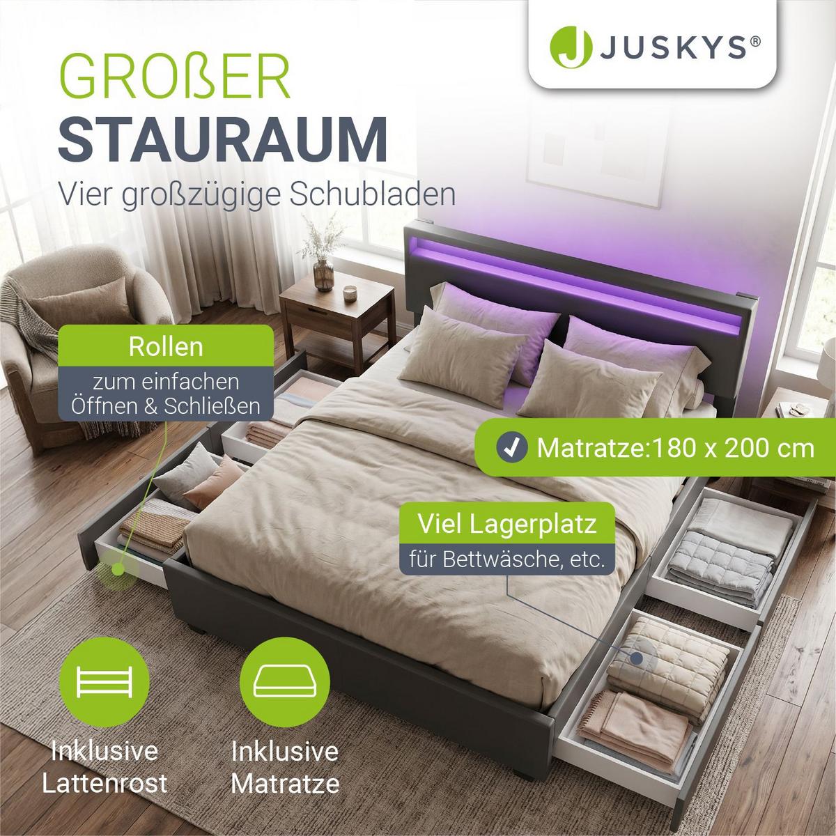 POLSTERBETT Lyon mit Matratze dunkelgrau 180x200cm - Grau, Textil (180/200cm) - Juskys