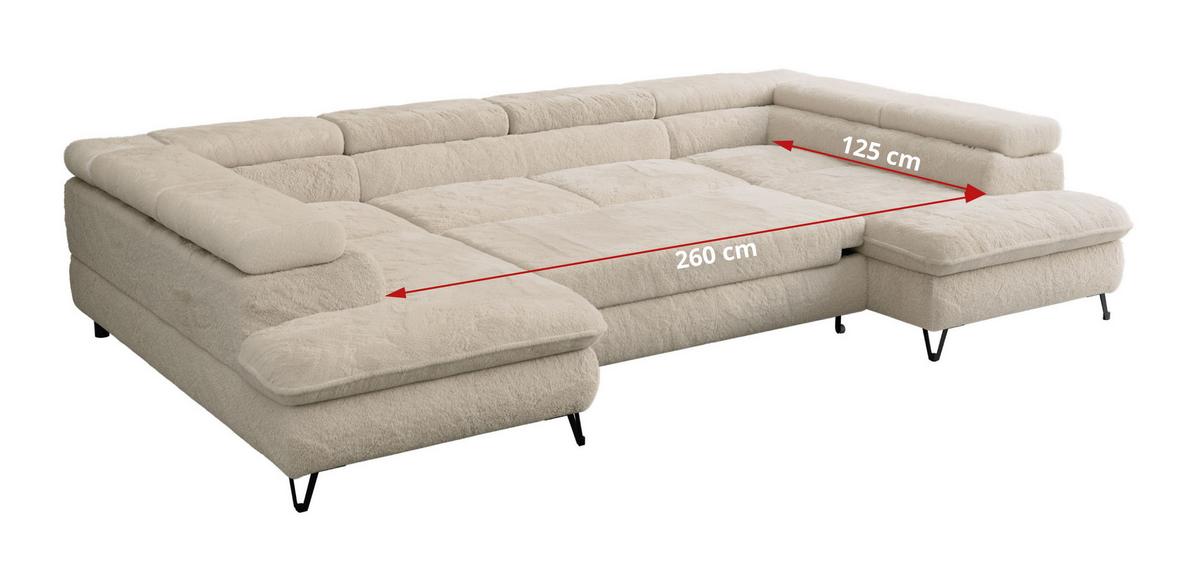 WOHNLANDSCHAFT PEDRO U Plüsch Ecru - Ecru/Schwarz, Textil/Metall (346/76/208cm) - MKS
