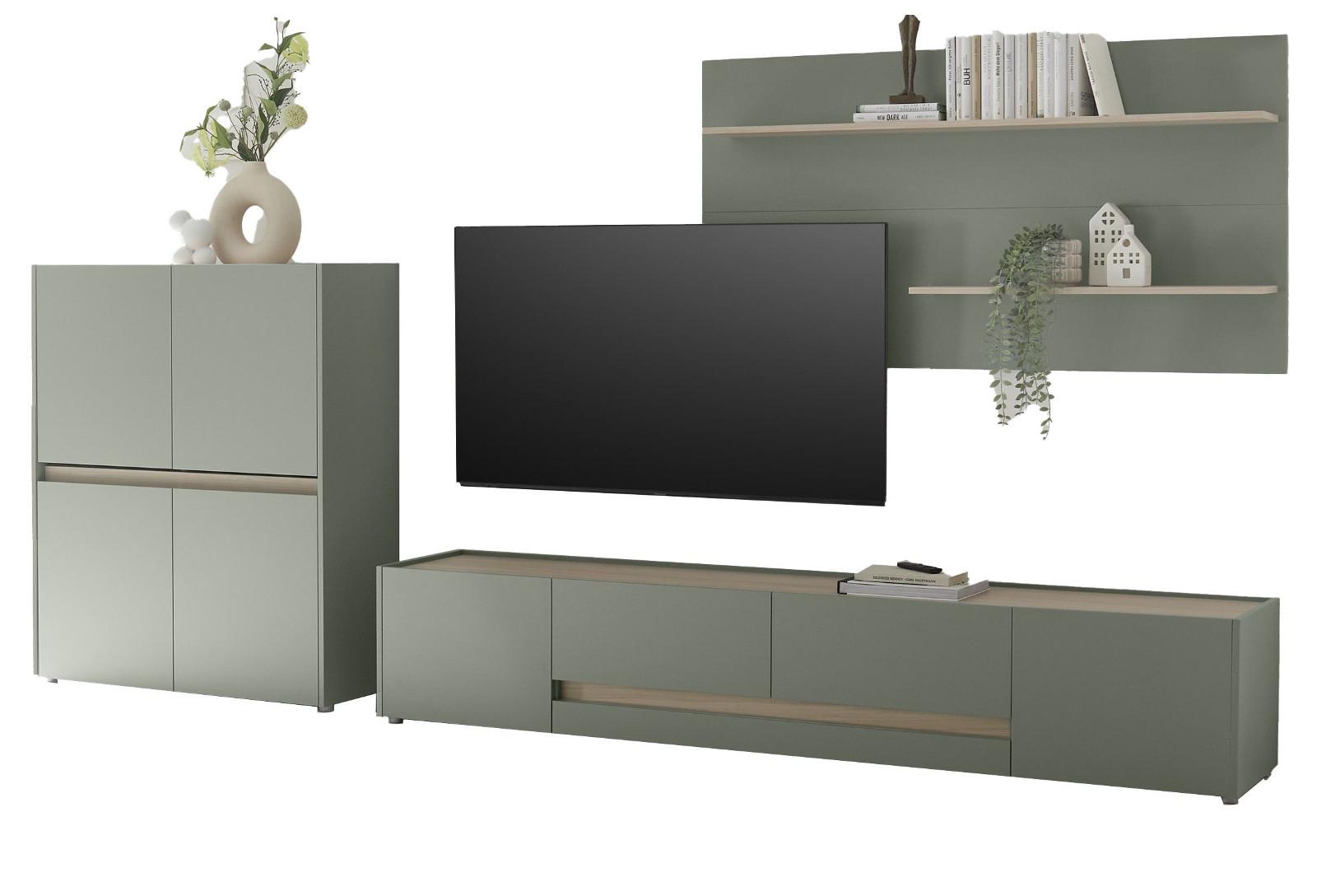 WOHNWAND 3-teilig Salbei grün, Barista Eiche 343 cm, Schrankwand in modernem Design - Salbeigrün/Eichefarben, Holzwerkstoff/Kunststoff (343/180/45cm) - Furn.Design