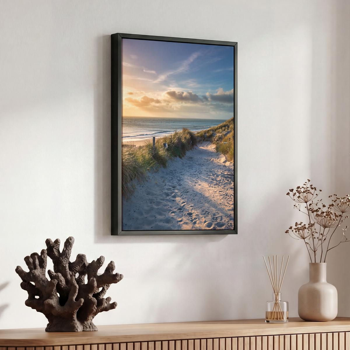 LEINWAND Bilder mit Rahmen - Sonnenuntergang - Strand - Düne - Gras - Ufer - 30x40 - Sandfarben, Textil (30/40cm) - MuchoWow