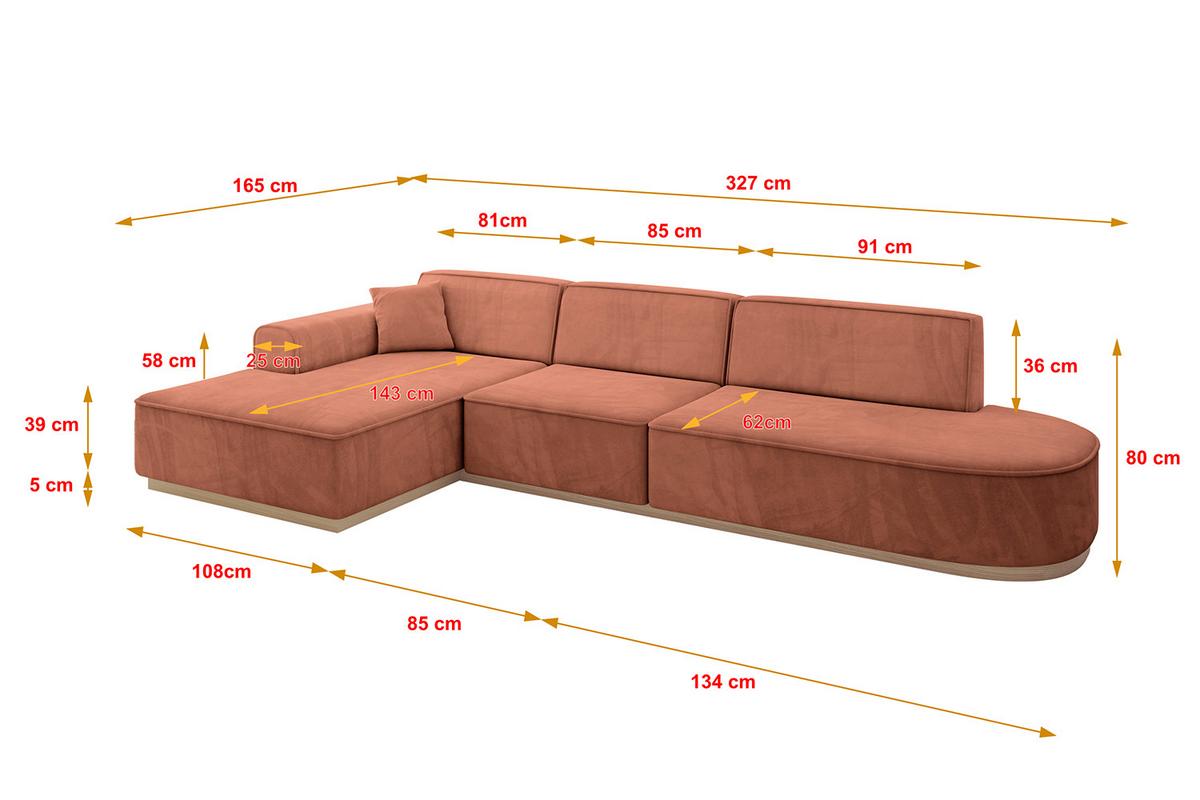 ECKSOFA Ottomane Links IREA-L2 - 327x165x80 cm Apricot - Koralle, Holzwerkstoff/Textil (327/165cm) - ALTDECOR