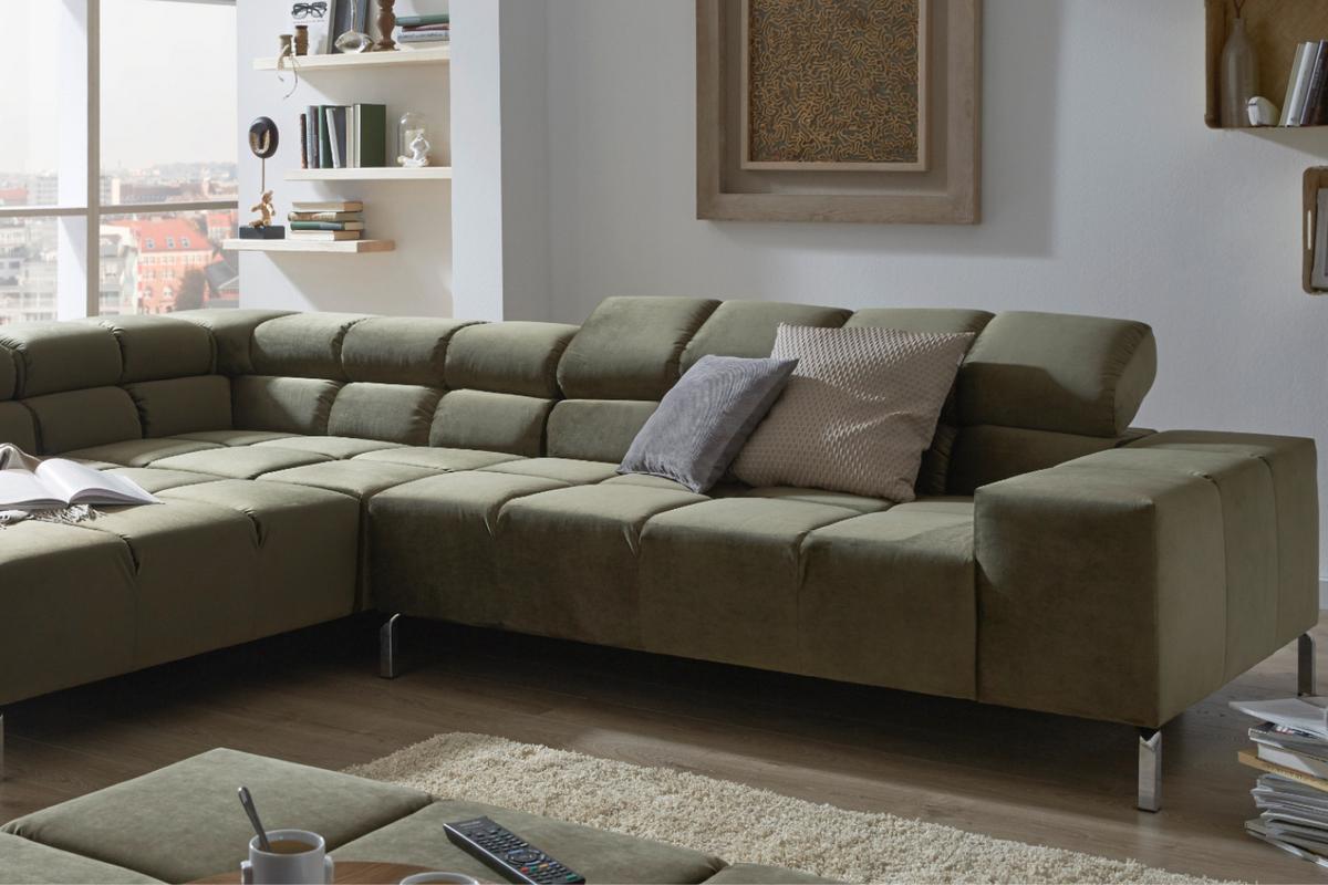ECKSOFA MIT MOTORISCHEM SITZVORZUG NELSON Dunkelgrün Velvet Relaxfunktion - Dunkelgrün/Silberfarben, Textil (321/216cm) - KAWOLA