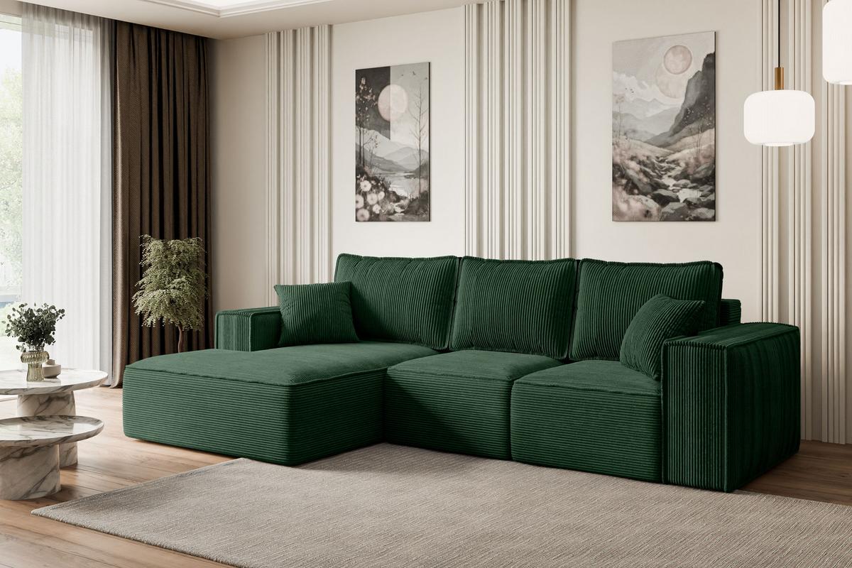 ECKSOFA mit Schlaffunktion und Bettkasten SERRA-L-S - 266x161x87 cm Grün Cord - Schwarz/Grün, Holzwerkstoff/Kunststoff (266/161cm) - ALTDECOR
