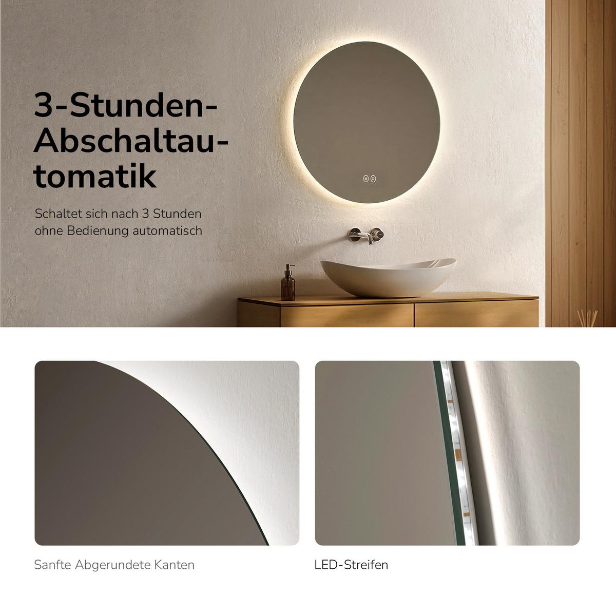 BADSPIEGEL Rund mit Beleuchtung Rahmenlos, 3 Lichtfarben, Ø 50 cm - Transparent, Glas (50/50/3cm) - EMKE