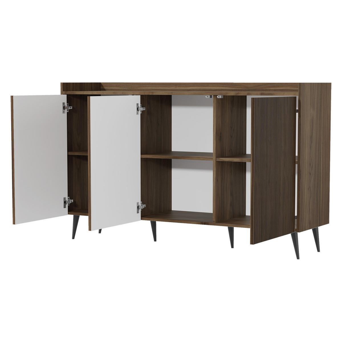 KOMMODE Amfali mit 3 Türen, geriffelte Fronten, Push-to-open, Metallbeine, 150 cm, Frühlings-Eiche - Eichefarben/Schwarz, Holzwerkstoff/Metall (150/92/41cm) - Beautysofa