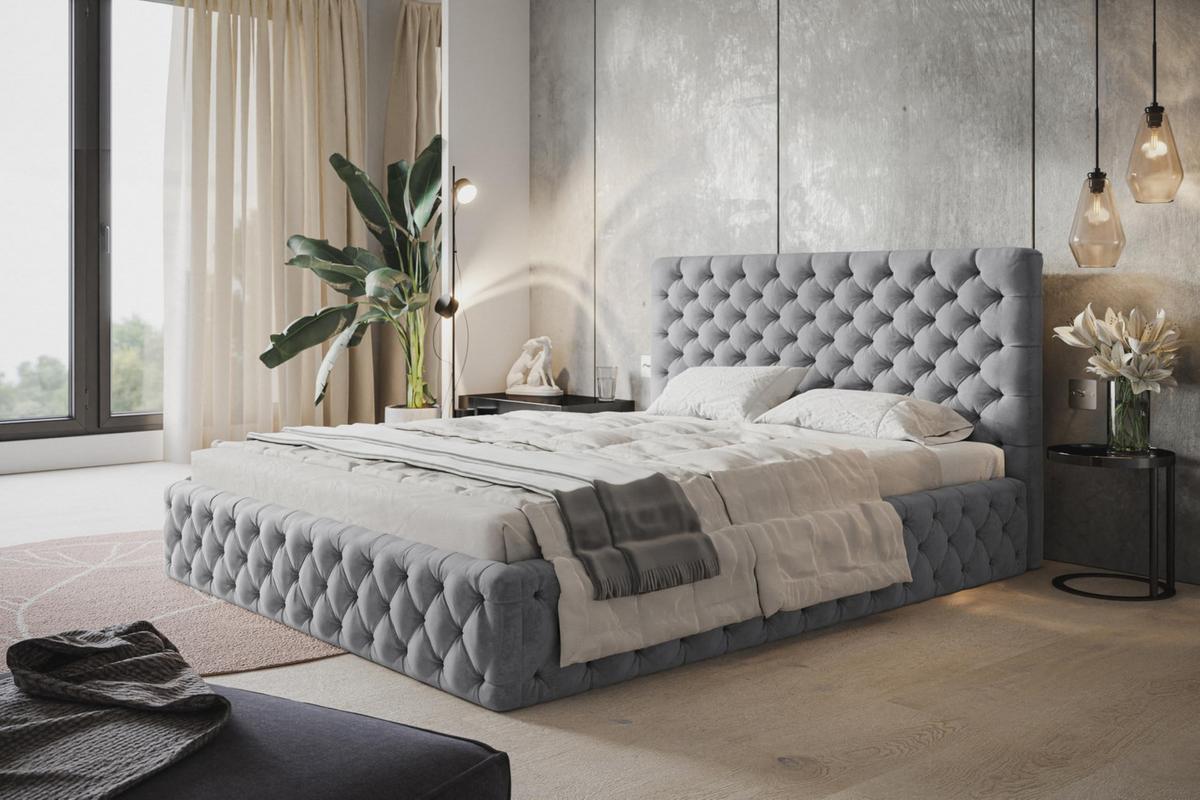 BETT 160x200 - Polsterbett mit Bettkasten und Metallrahmen - Elegant Betten - Weicher Jasminstoff - Kollektion Miami, Grau - Grau, Holz/Textil (160/200cm) - Alpi-Möbel
