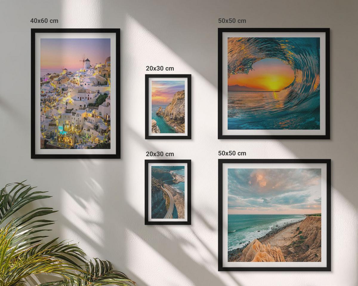 BILDER SET 5er Set - 50x50 cm & 20x30 cm & 40x60 cm Schwarzer Rahmen - Meereswellen, weiße Häuser, Santorini - Schwarz, Kunststoff (40/60cm) - TULUP