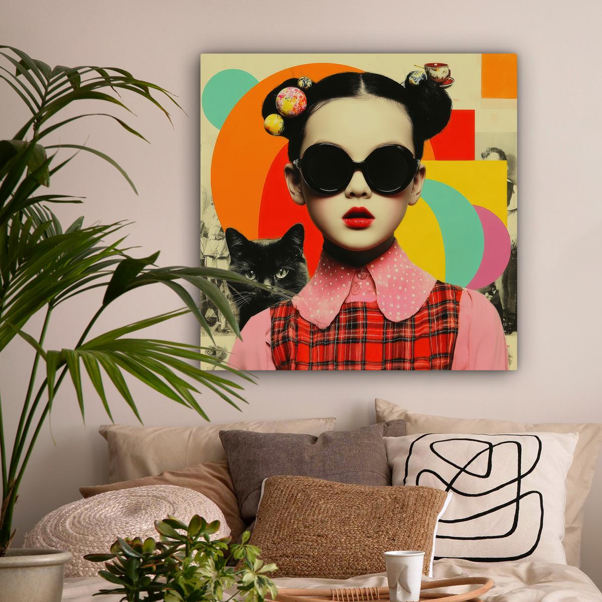 LEINWANDBILD Mädchen - Sonnenbrille - Katze - Retro Deko Groß 90x90 cm - Beige, Textil (90/90cm) - MuchoWow
