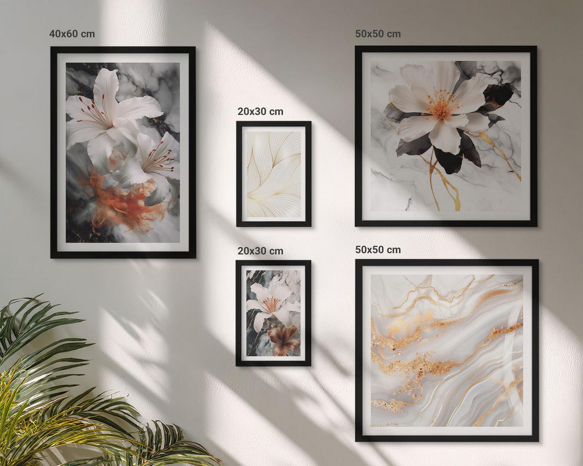 BILDER SET 5er Set - 50x50 cm & 20x30 cm & 40x60 cm Schwarzer Rahmen - Blumen Marmor weiß schwarz - Schwarz, Kunststoff (40/60cm) - TULUP