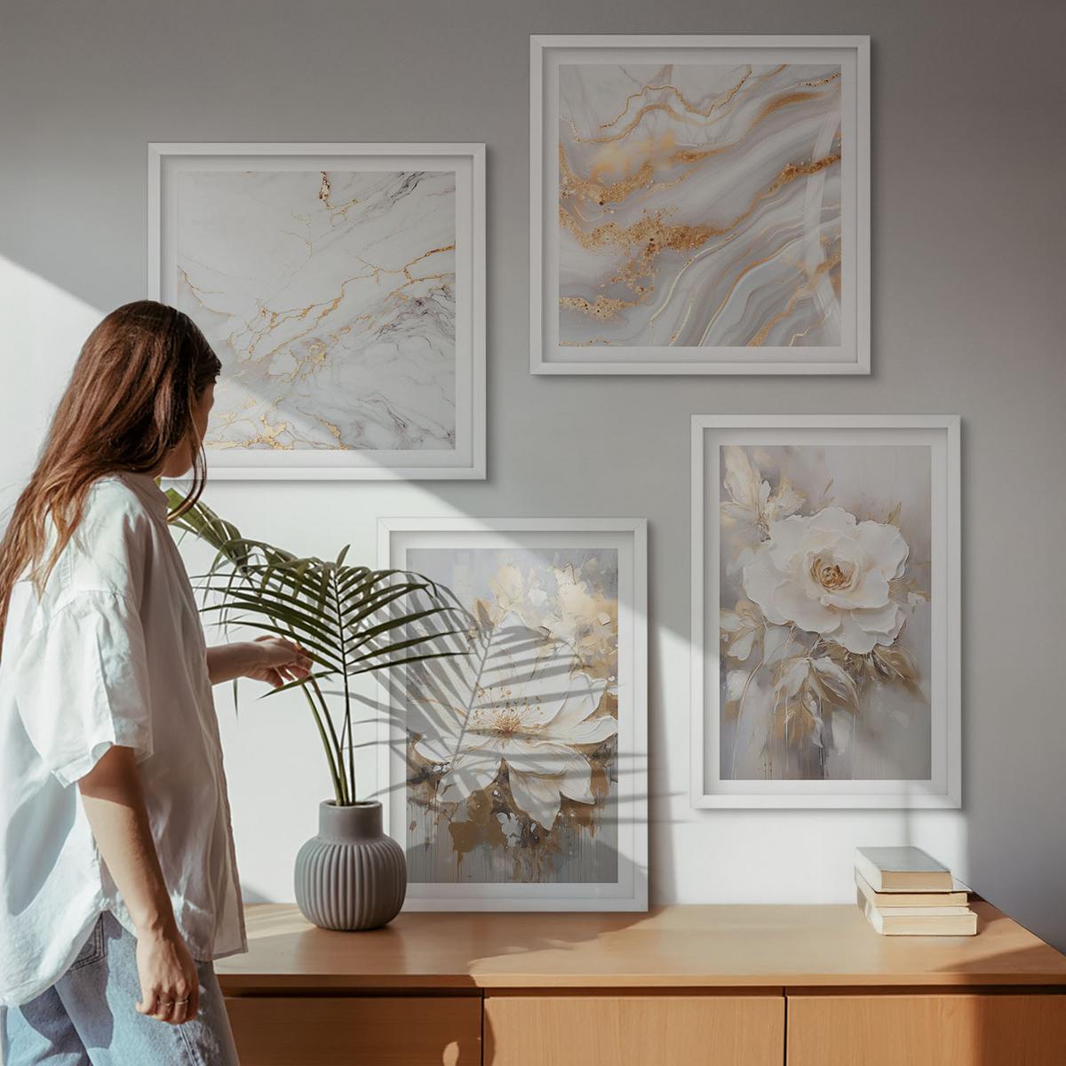 BILDER SET 4er Set - 50x50 cm & 40x60 cm Weißer Rahmen - Blumen, heller Hintergrund, Marmormuster - Weiß, Kunststoff (50/50cm) - TULUP
