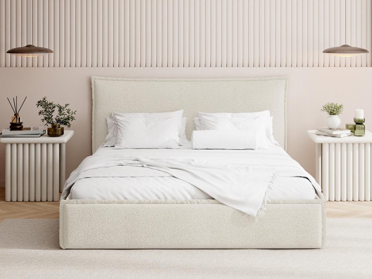 POLSTERBETT Pillow mit Bettkasten, Metall-Lattenrost und hohem Kopfteil - Creme-Bouclé 140x200 cm - Birkefarben/Creme, Holz/Kunststoff (140/200cm) - WFL GROUP