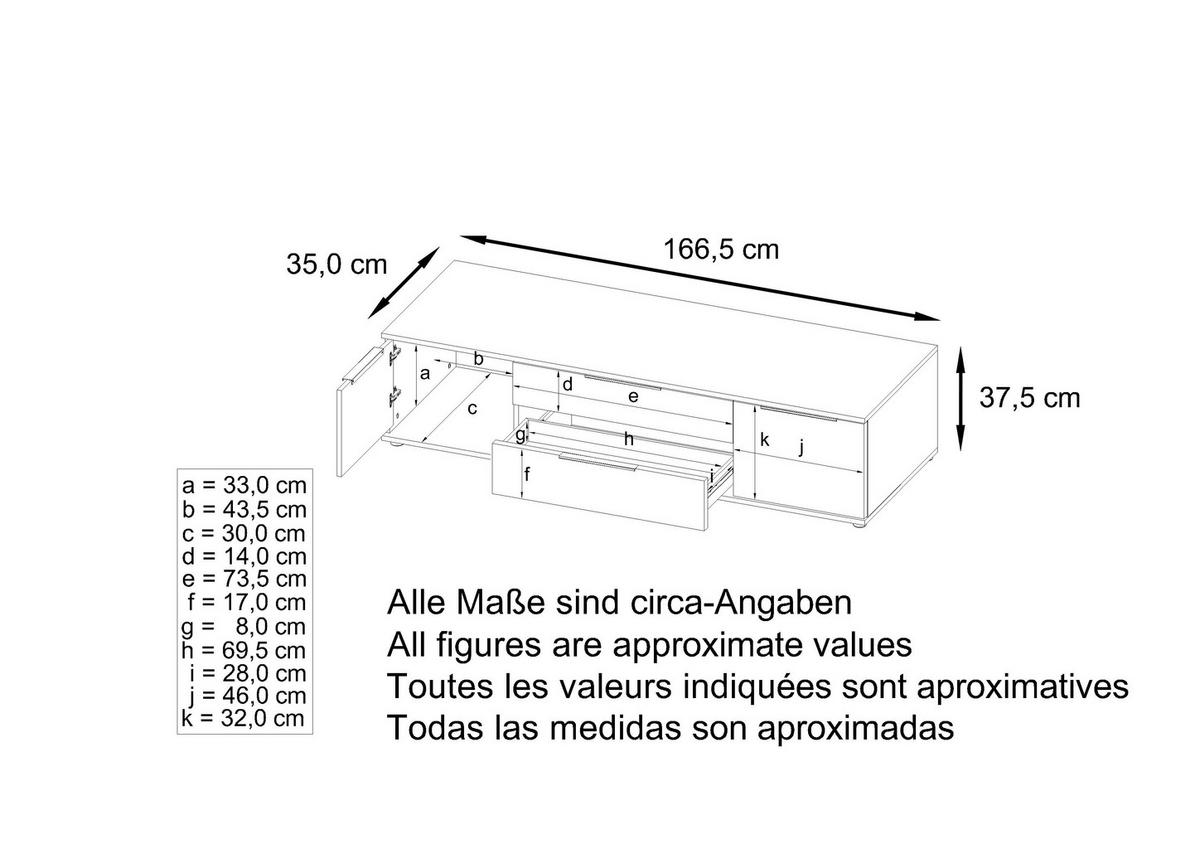 LOWBOARD Linio Bordeaux Hochglanz - Weiß Hochglanz/Bordeaux, Holzwerkstoff (166.5/37.5/35cm) - Vladon