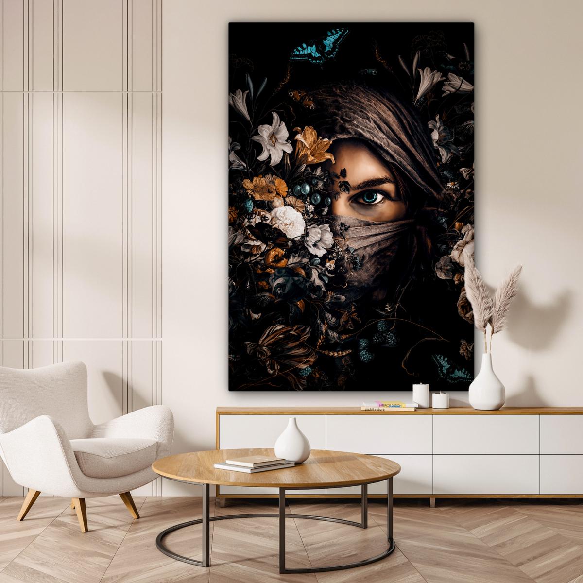 LEINWANDBILD Frau - Luxus - Blumen - Schmetterling - Porträt Deko Groß 90x140 cm - Schwarz, Textil (90/140cm) - MuchoWow