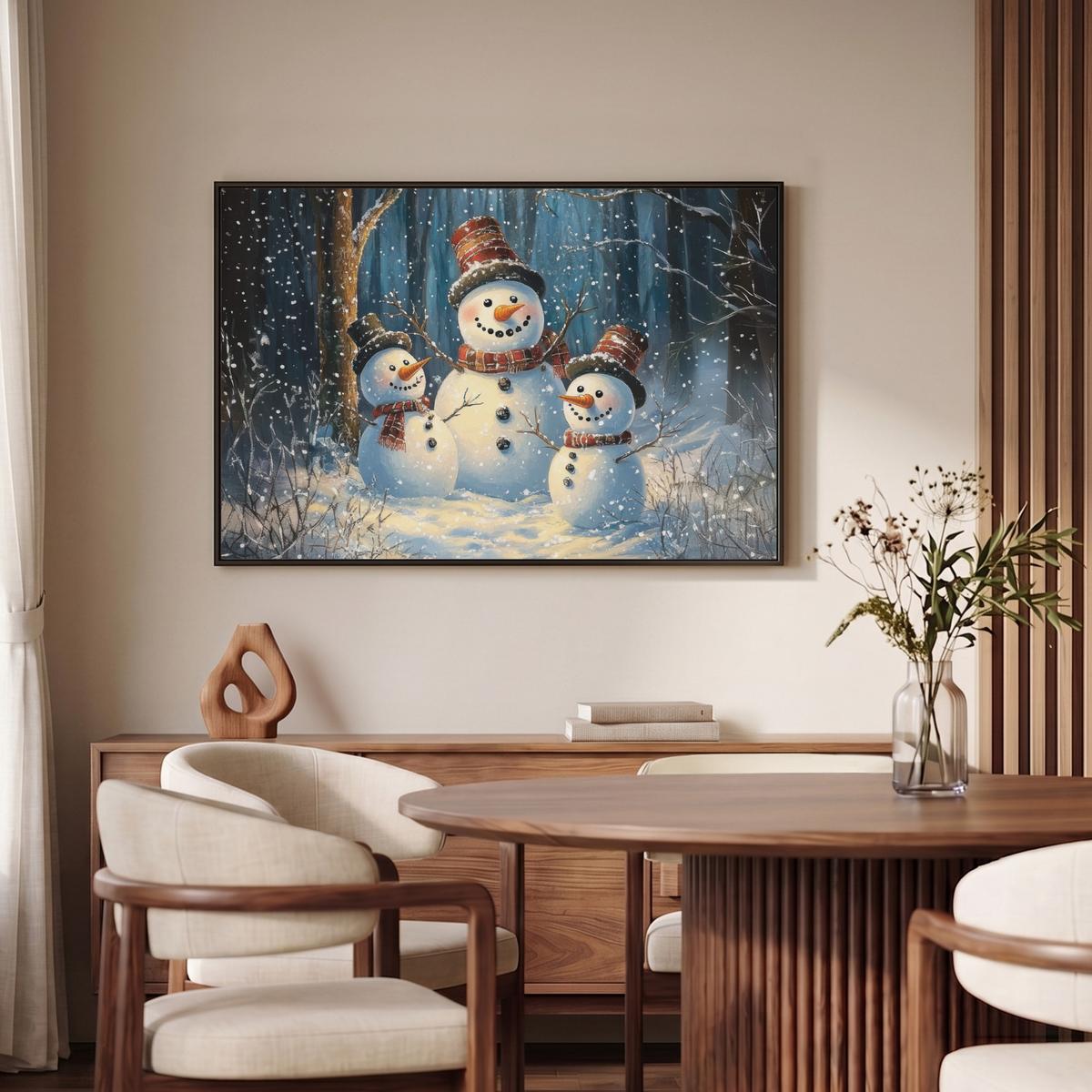LEINWAND Bilder mit Rahmen - Schneemann - Schnee - Winter - Wald - 90x60 - Hellblau, Textil (90/60cm) - MuchoWow