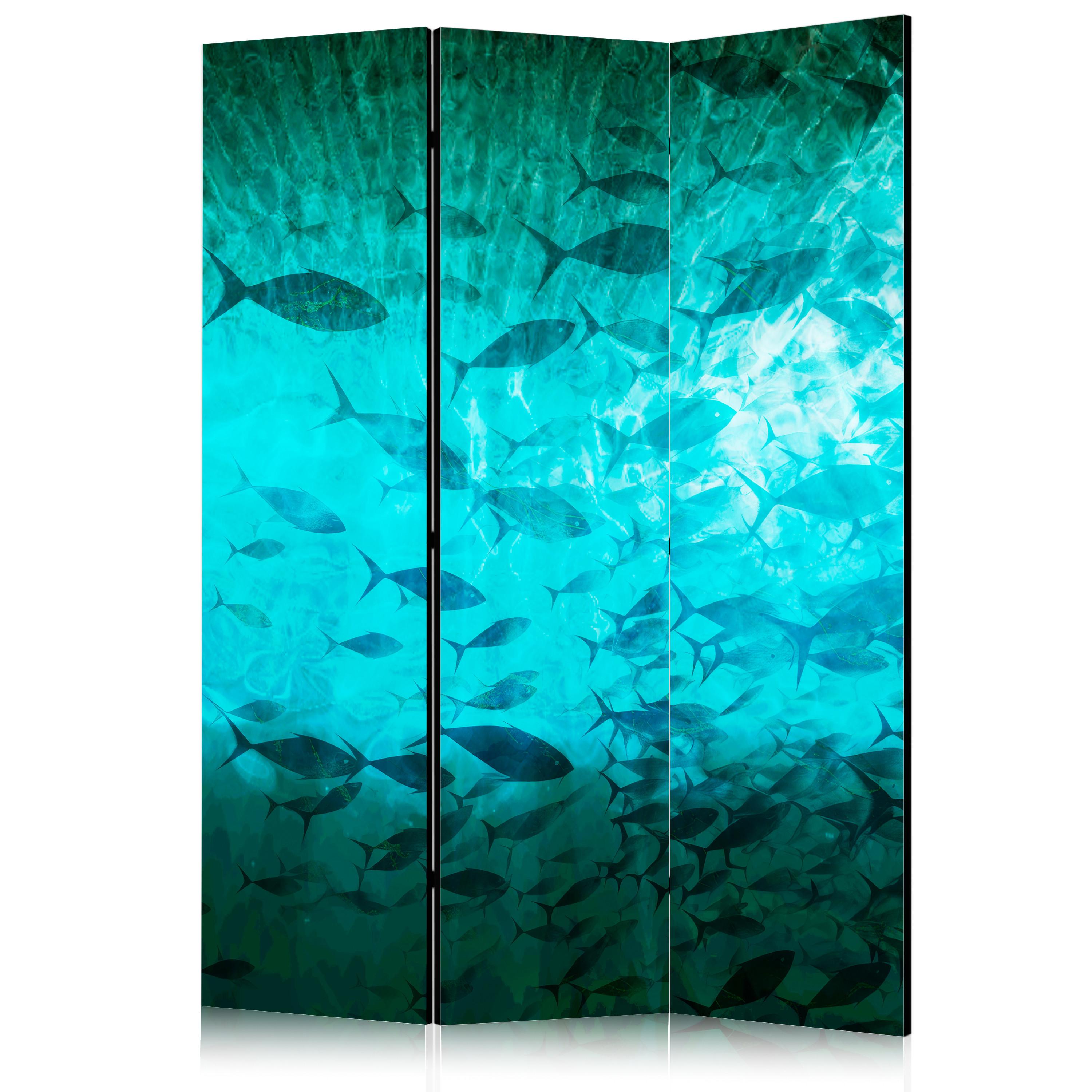 PARAVENT Beidseitig Bedruckter 3-tlg 135x172 cm Fischschwarm Natur - Blau, Holz/Textil (135/172/3cm) - Muralo